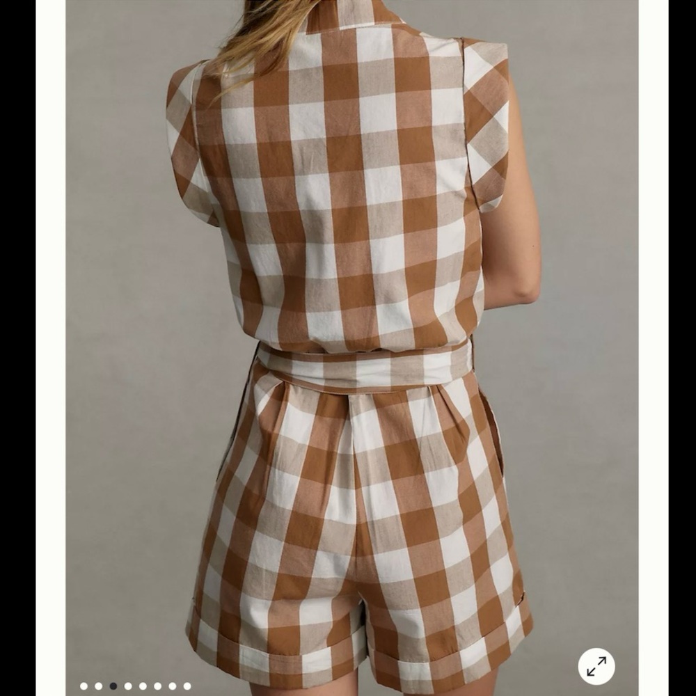Anthropologie Tan and White Gingham Belted Romper - Picture 4 of 13